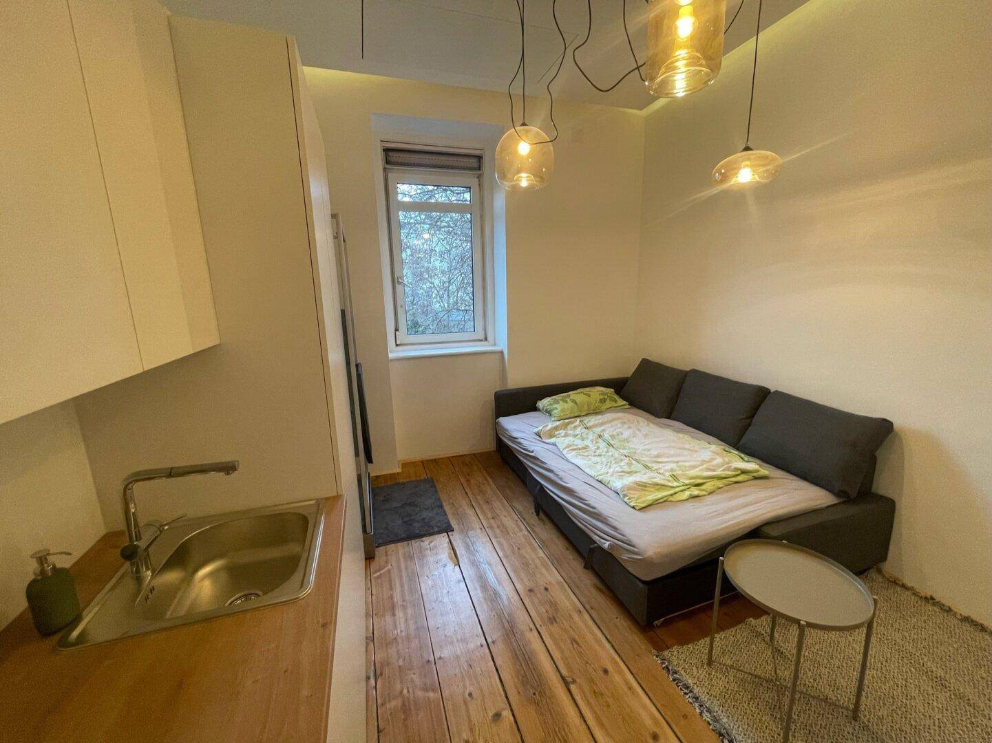 Helles Studio-Apartment mit Schlafsofa, Holzboden und Blick aus dem Fenster.