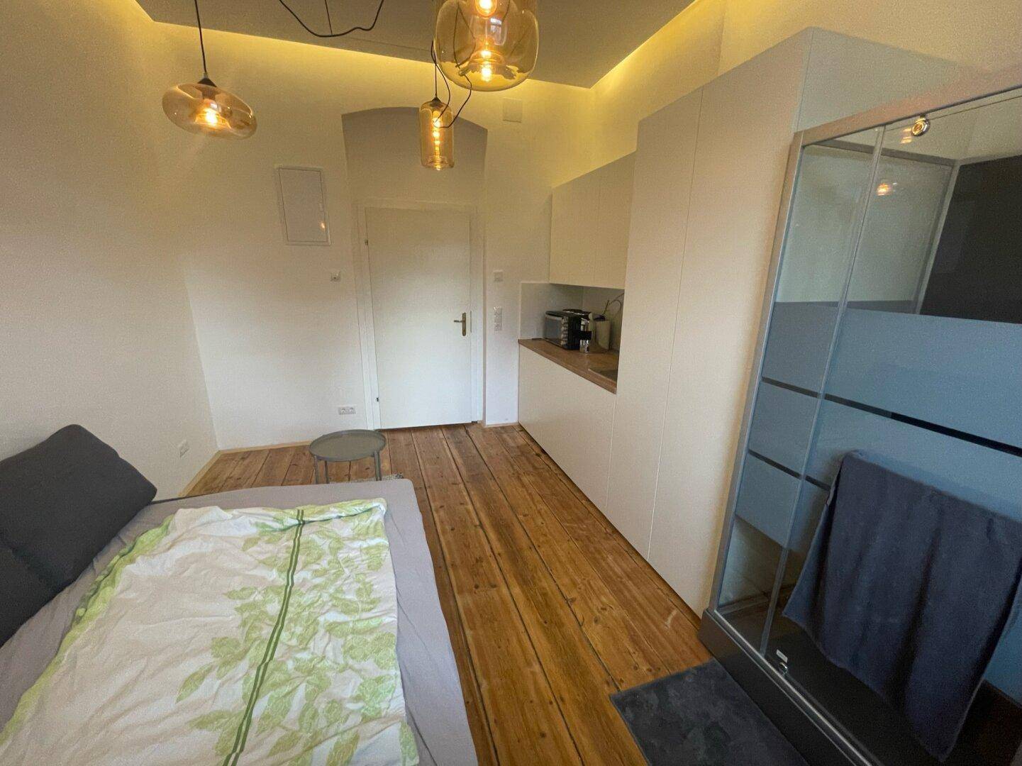 Übersicht des Studio-Apartments mit Schlafbereich, Küchenzeile und integrierter Duschkabine.