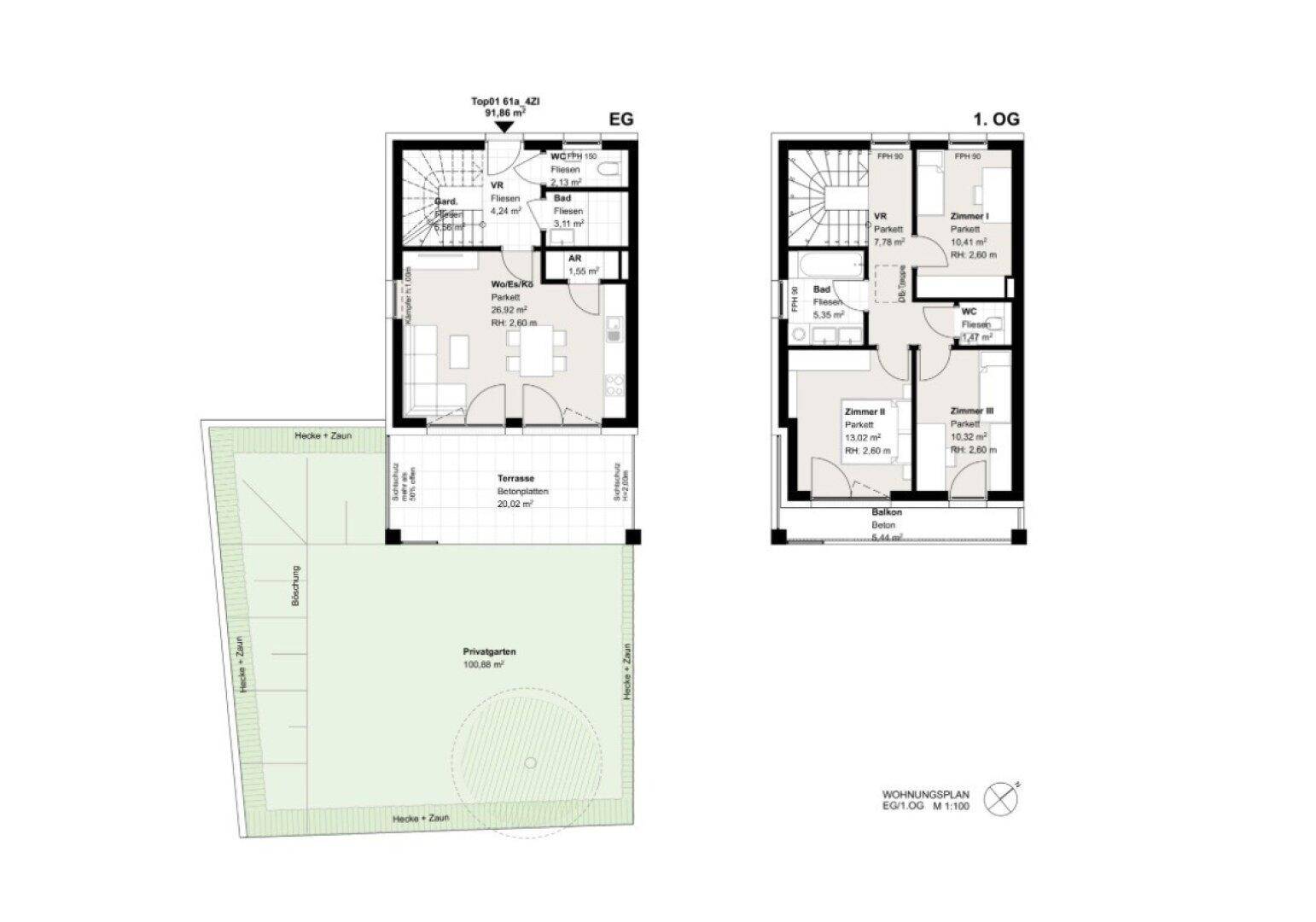 Grundrissplan einer Maisonette-Wohnung über zwei Etagen mit privatem Garten, Terrasse und Balkon.