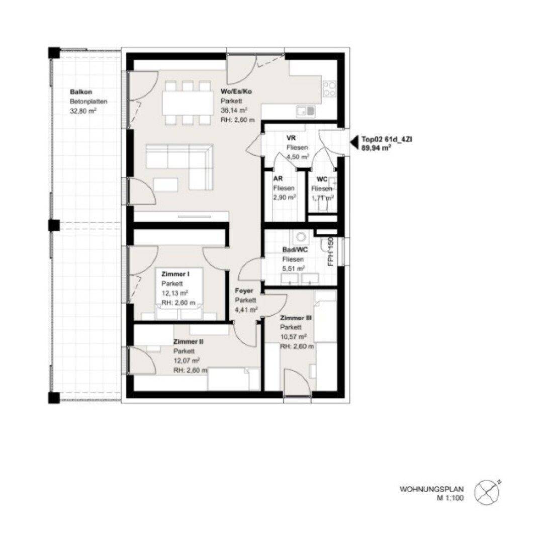 Detaillierter Grundriss einer Wohnung mit offenem Wohn-Essbereich, drei Schlafzimmern und großem Balkon.