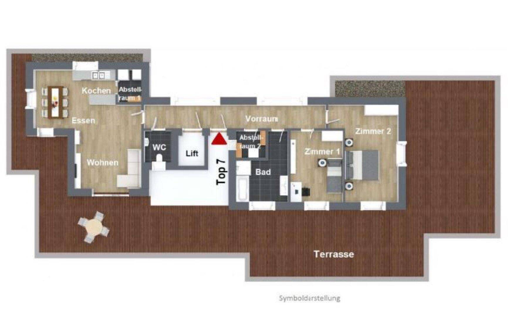 Detaillierter Grundriss einer Wohnung mit offenem Wohnbereich, zwei Schlafzimmern und großer Terrasse.