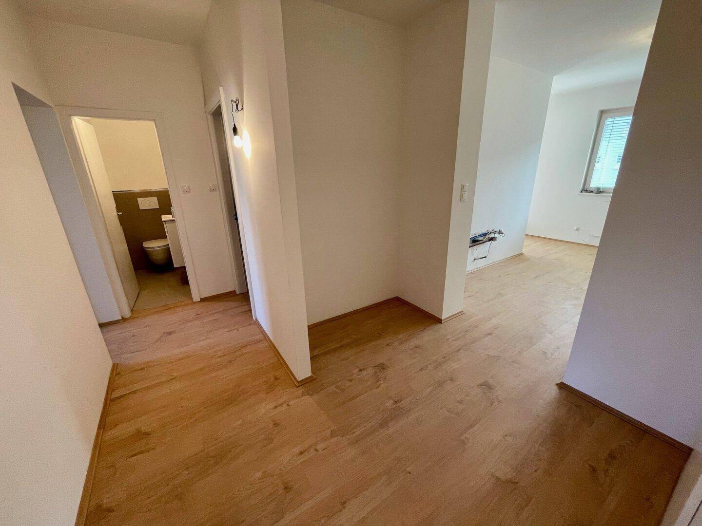 Flur mit Holzfußboden und Zugang zu einem Gäste-WC und weiteren Räumen.
