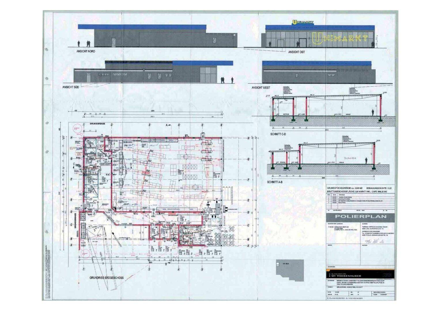 Umfassender Plan mit Grundriss, verschiedenen Ansichten und Gebäudeschnitten des Objekts.