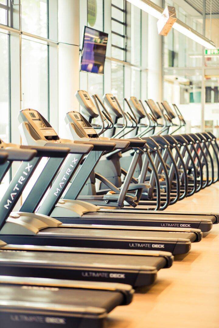 Reihe von Laufbändern in einem Fitnessstudio mit großen Fenstern, die viel Tageslicht hereinlassen.