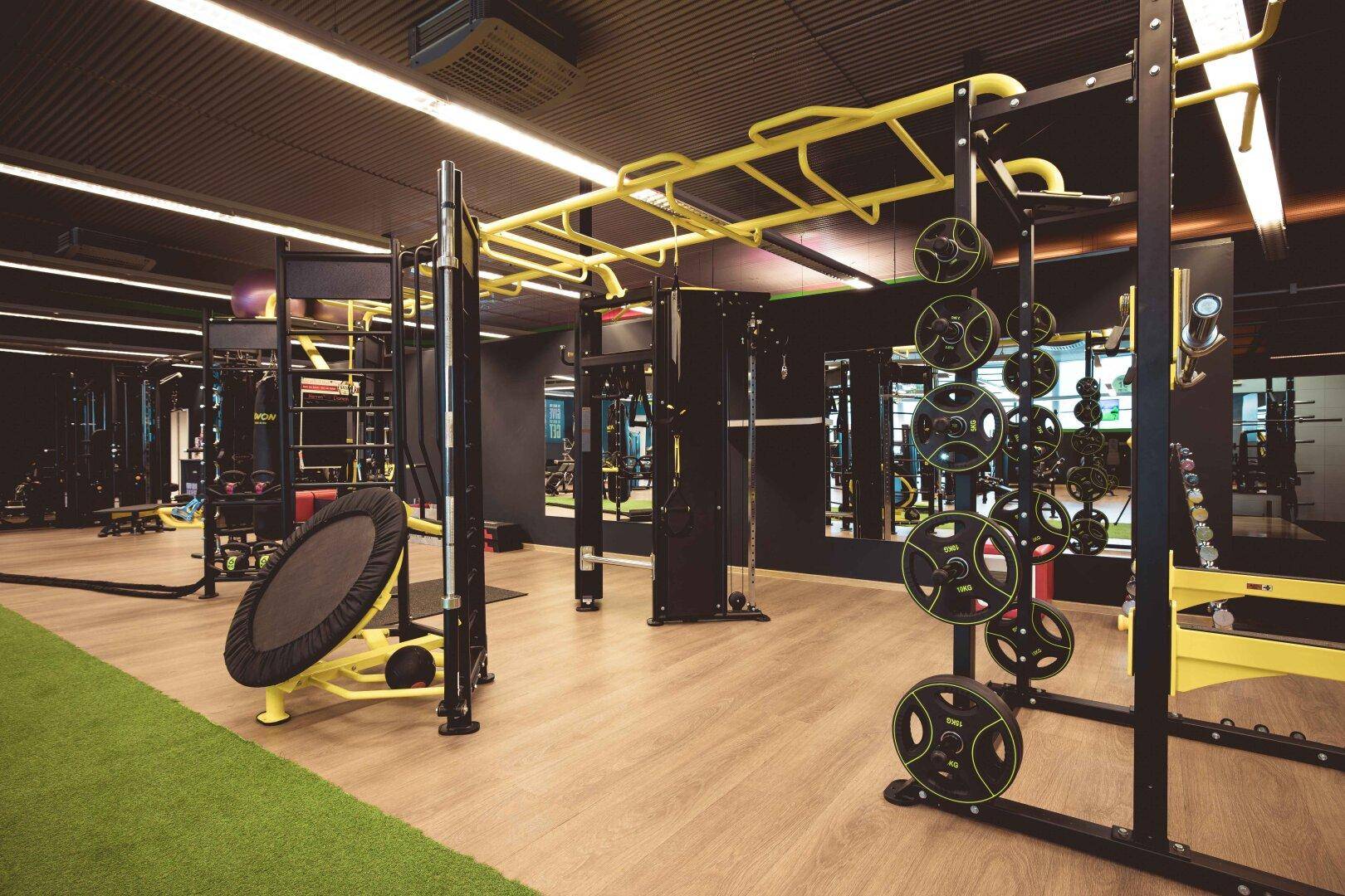 Funktioneller Trainingsbereich mit Klettergerüst, Hantelscheiben und Trampolin auf Holzboden und Kunstrasen.