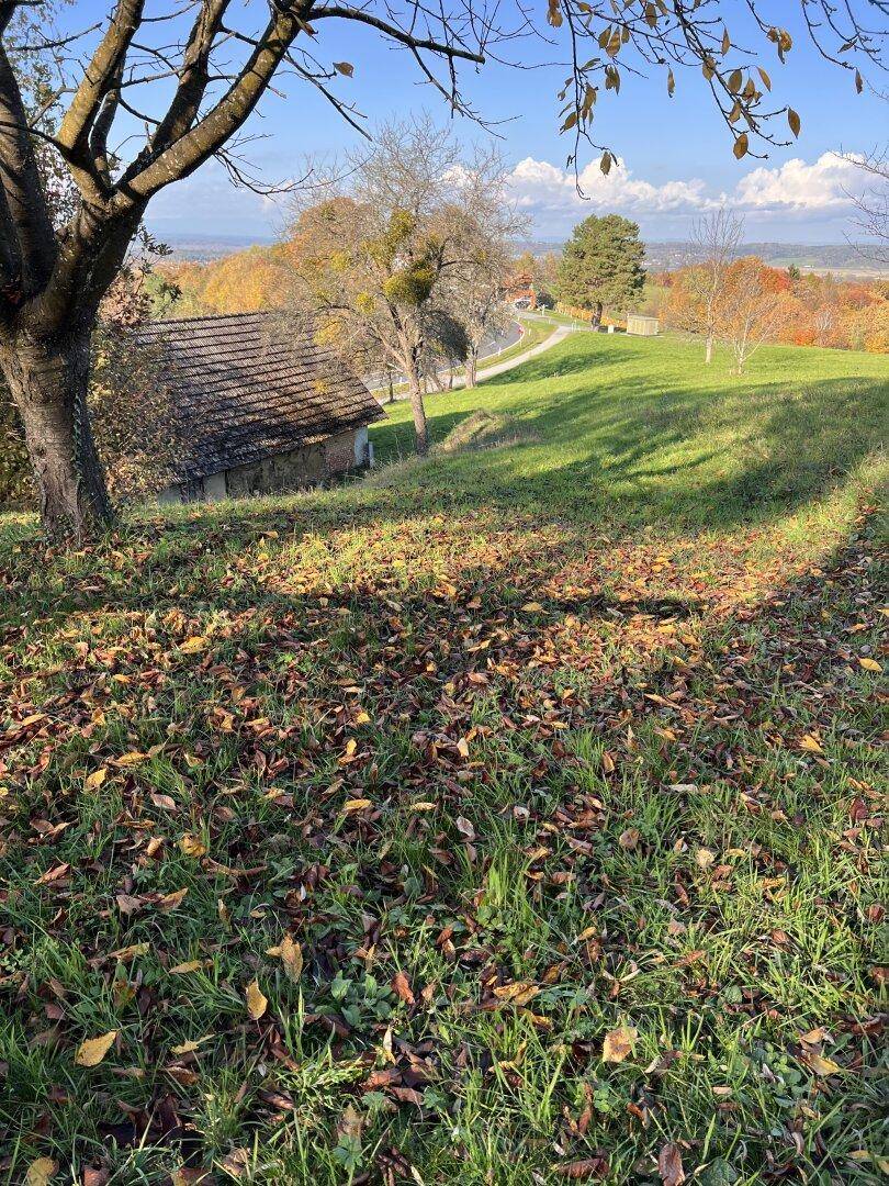 Weitläufiger Blick über eine hügelige Landschaft mit einem alten Gebäude und herbstlichen Bäumen.