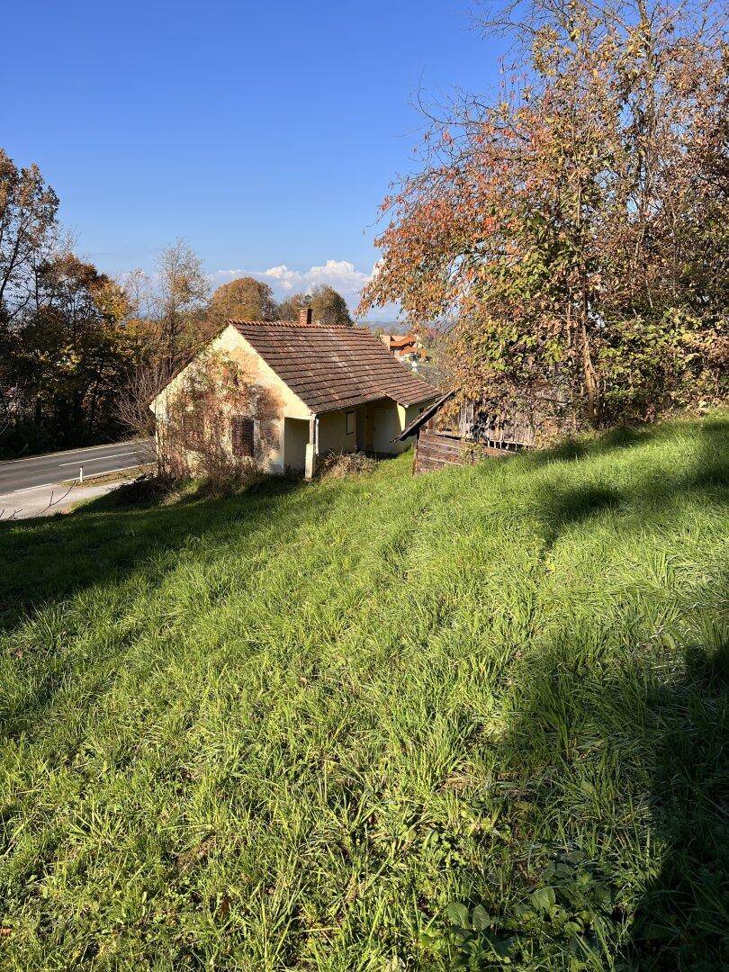 Altes, renovierungsbedürftiges Haus mit Ziegeldach auf einem sonnigen, grasbewachsenen Hang neben einer Straße.
