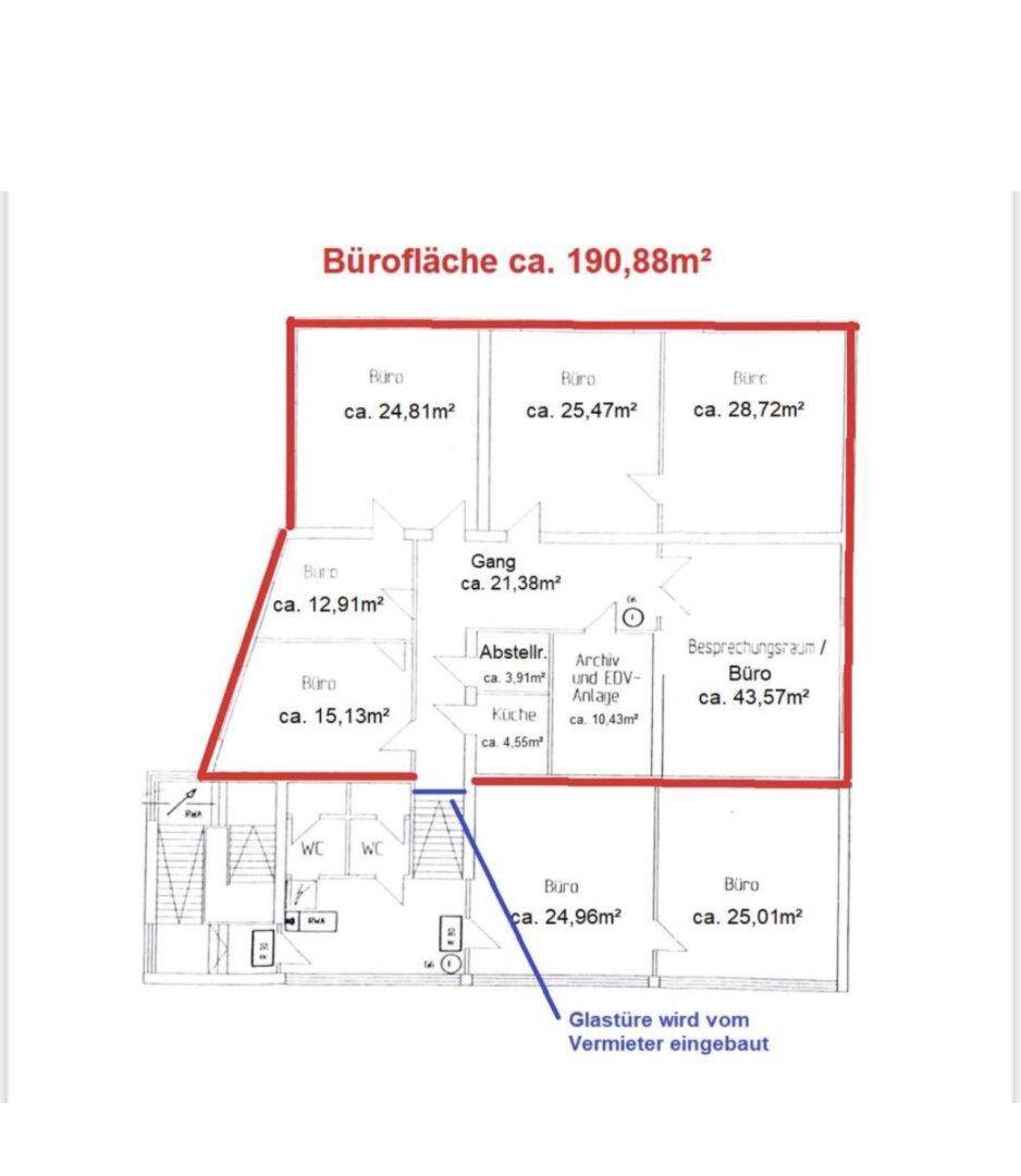 Grundrissplan einer Bürofläche von ca. 190,88m² mit mehreren Büros, Besprechungsraum, Küche und Toiletten.