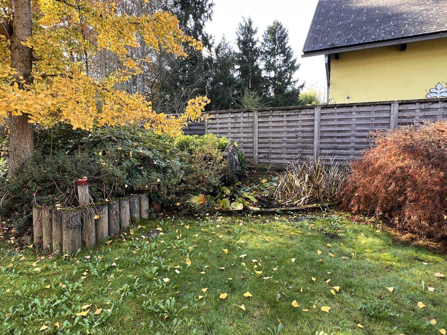 Gartenbereich mit kleinem Teich, Holzzaun und herbstlicher Bepflanzung.