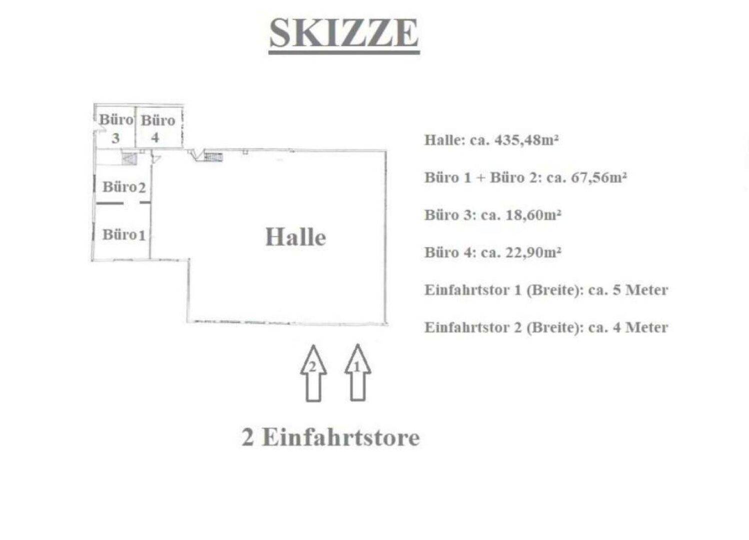 Übersichtlicher Grundriss, der die Aufteilung der Halle und der angrenzenden Bürobereiche darstellt.