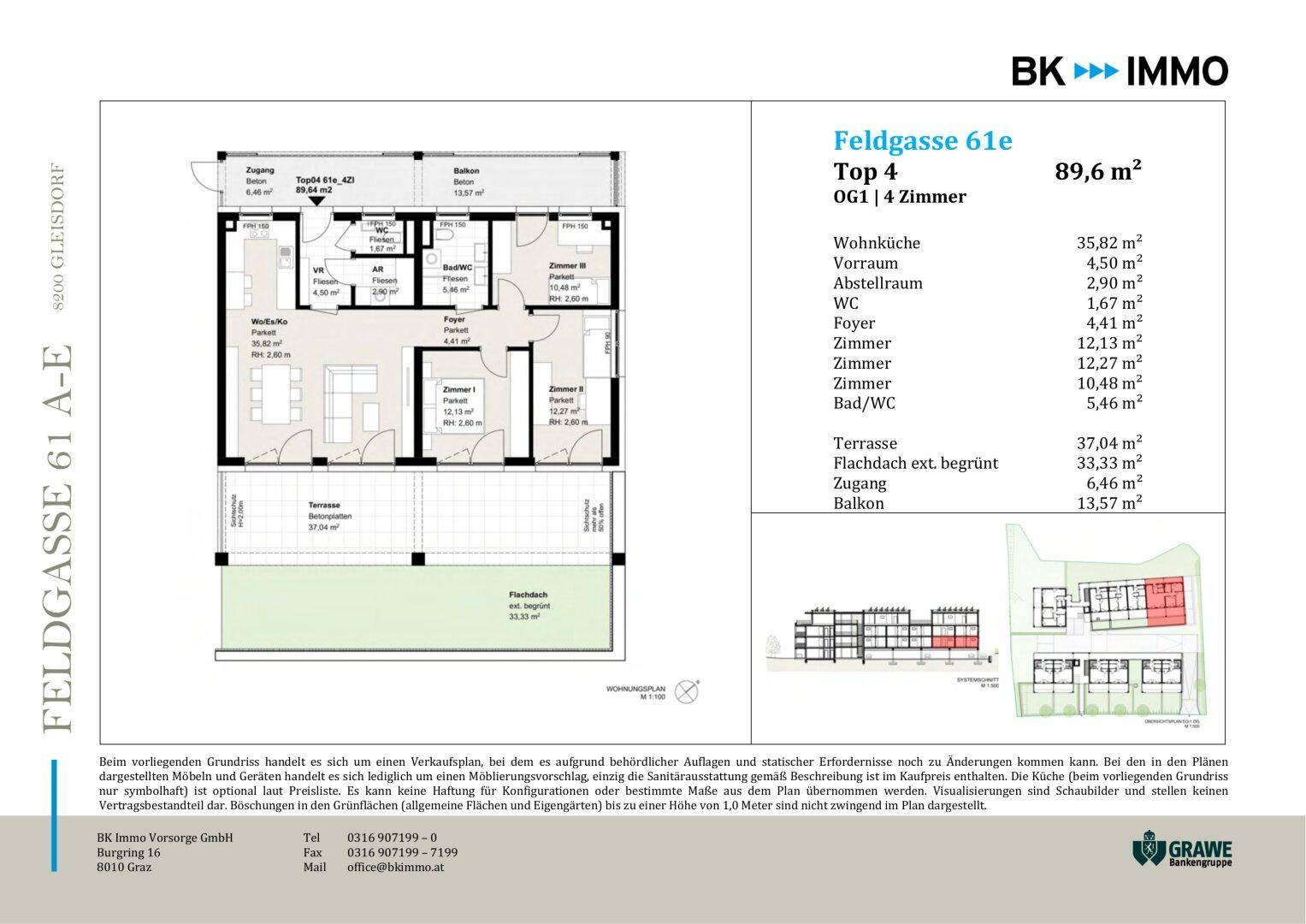 Detaillierter Grundriss einer 89,6 m² Wohnung mit Terrasse und Balkon.