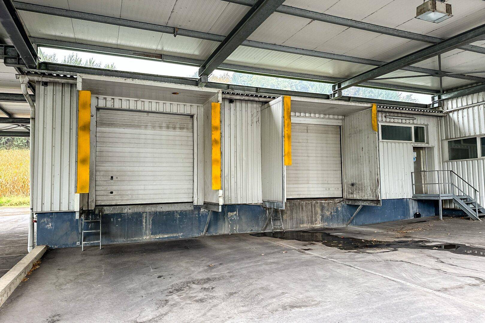Mehrere Laderampen mit Rolltoren und gelben Schutzvorrichtungen, bereit für den Warenumschlag.