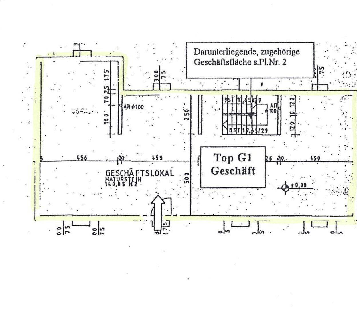 Grundriss eines Geschäftslokals mit eingezeichneten Flächen und Zugangsbereichen.