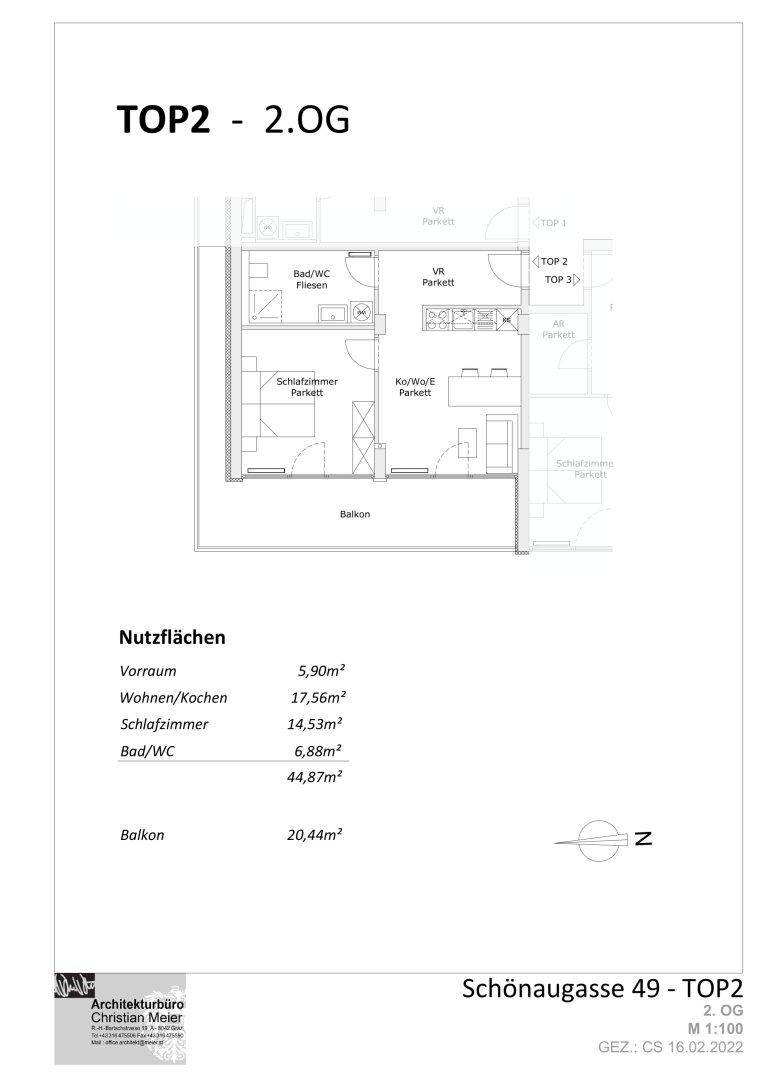 Grundriss der Wohnung TOP2 im 2. Obergeschoss mit großem Balkon und effizienter Raumaufteilung.