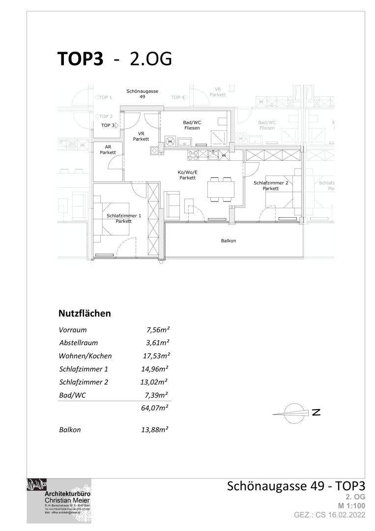 Grundriss der Wohnung TOP3 im 2. Obergeschoss mit zwei Schlafzimmern und Balkonzugang.