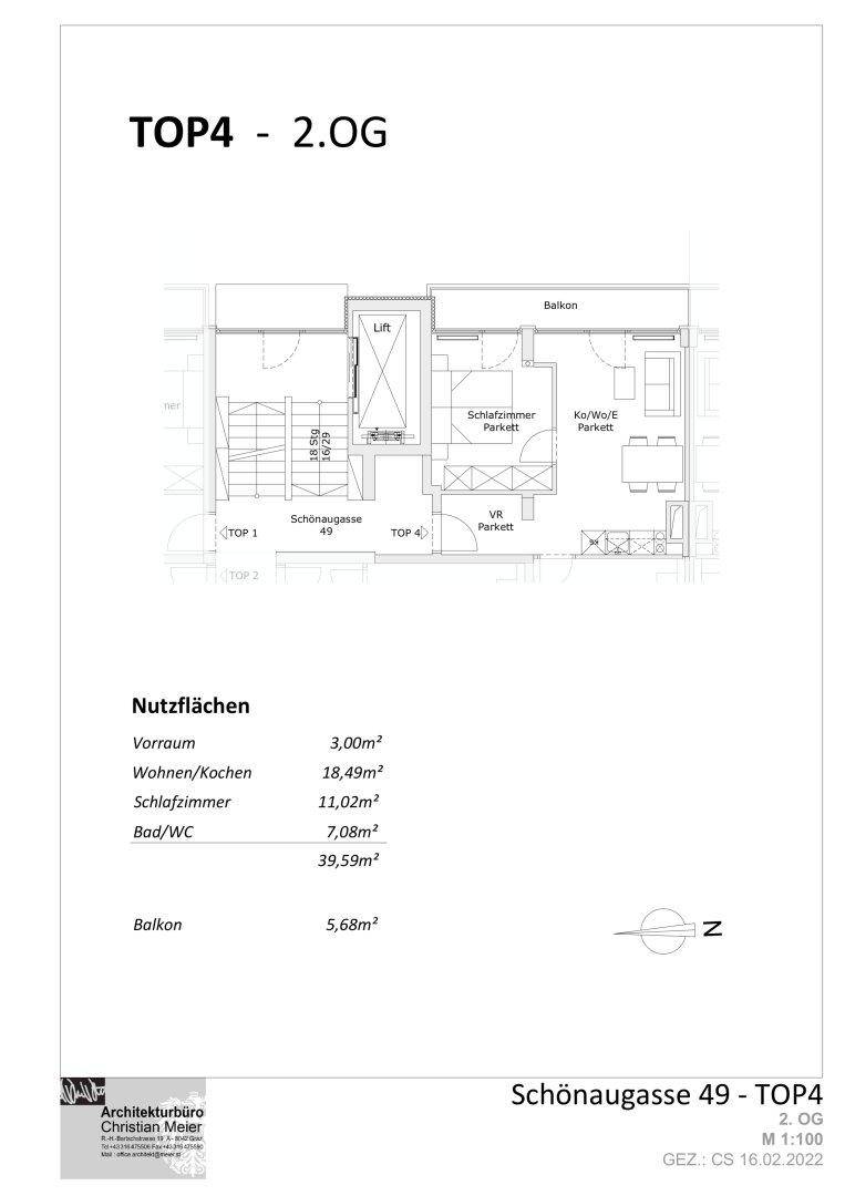 Grundriss der Wohnung TOP4 im 2. Obergeschoss mit kleinem Balkon und Liftzugang.