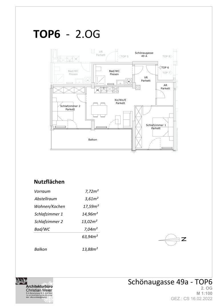 Grundriss der Wohnung TOP6 im zweiten Obergeschoss mit zwei Schlafzimmern und Balkon.