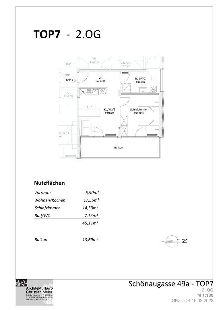 Grundriss der Wohnung TOP7 im zweiten Obergeschoss mit einem Schlafzimmer und Balkon.