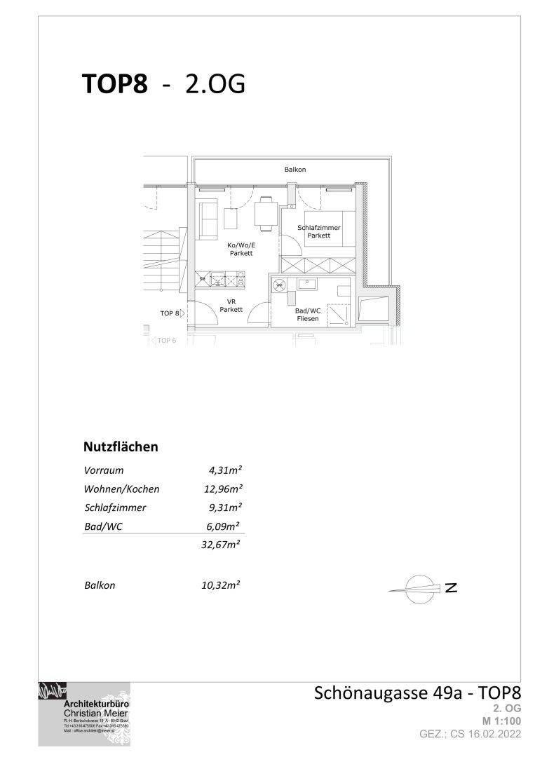 Grundriss der Wohnung TOP8 im zweiten Obergeschoss mit einem Schlafzimmer und Balkon.
