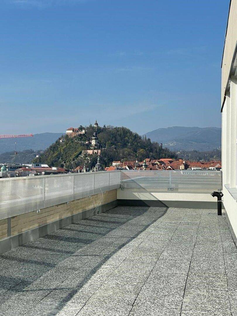 Große Dachterrasse mit weitem Blick über die Stadt und auf die historische Burg.