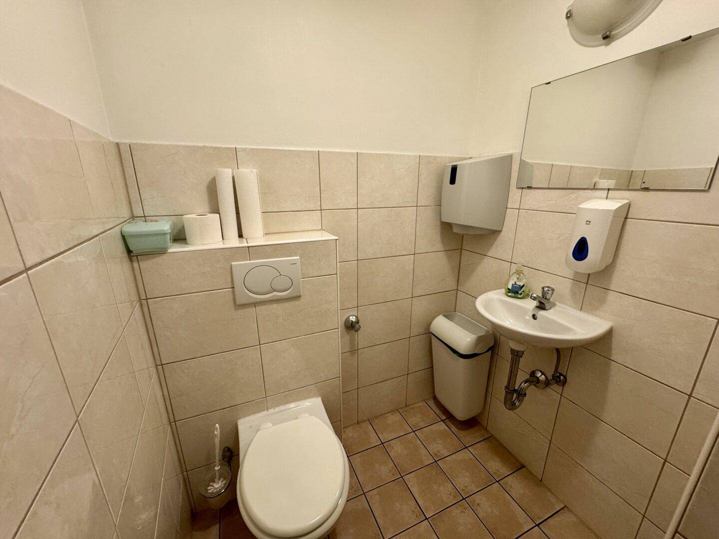 Funktionaler Toilettenraum mit beigefarbenen Fliesen, wandhängendem WC, kleinem Waschbecken und Spiegel.