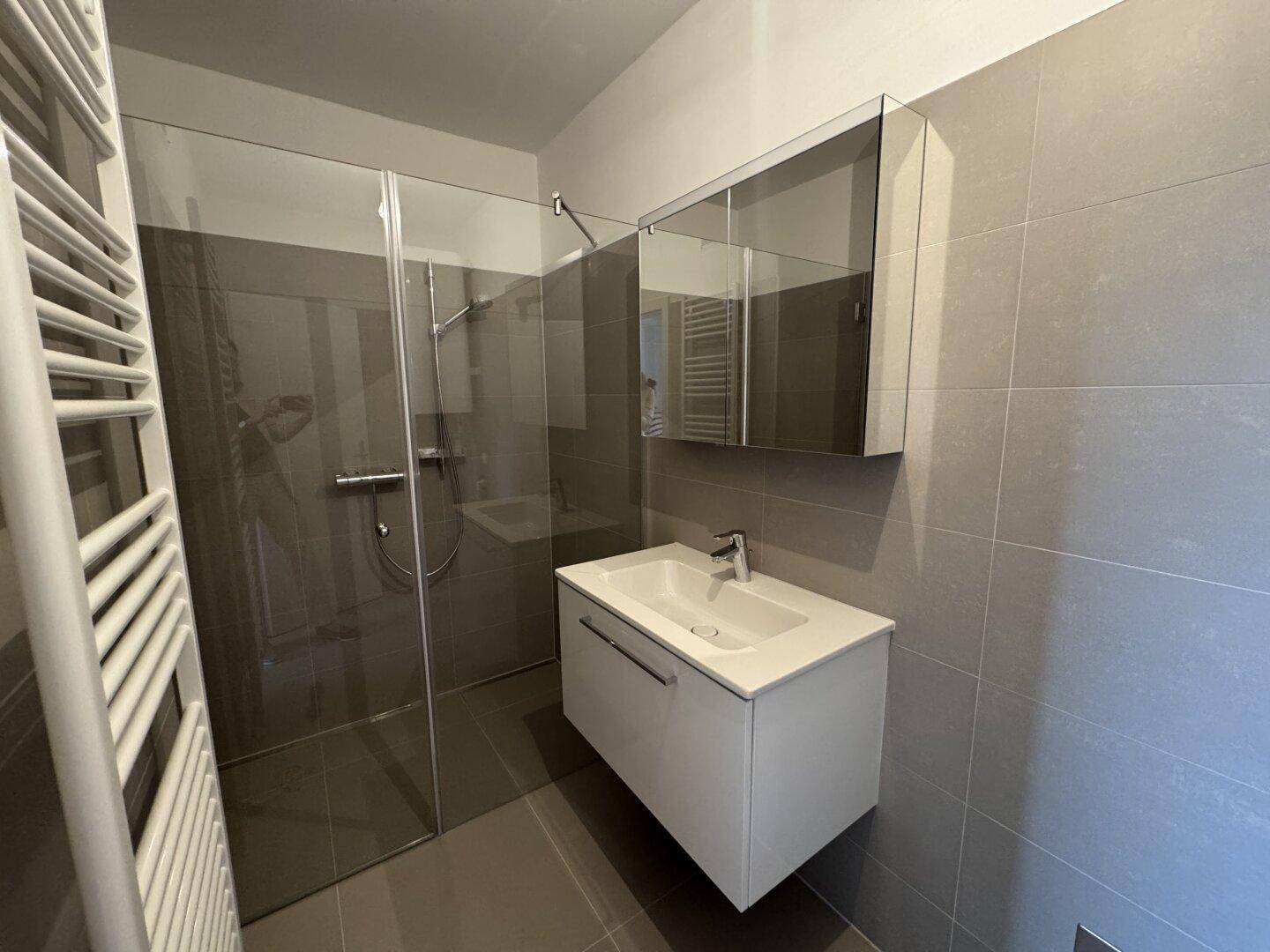 Modernes Badezimmer mit grauen Fliesen, begehbarer Dusche, Einzelwaschbecken und Handtuchheizkörper.