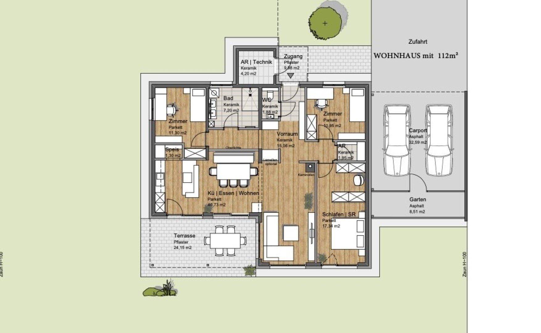 Detaillierter Grundriss eines Einfamilienhauses mit Terrasse und Carport.