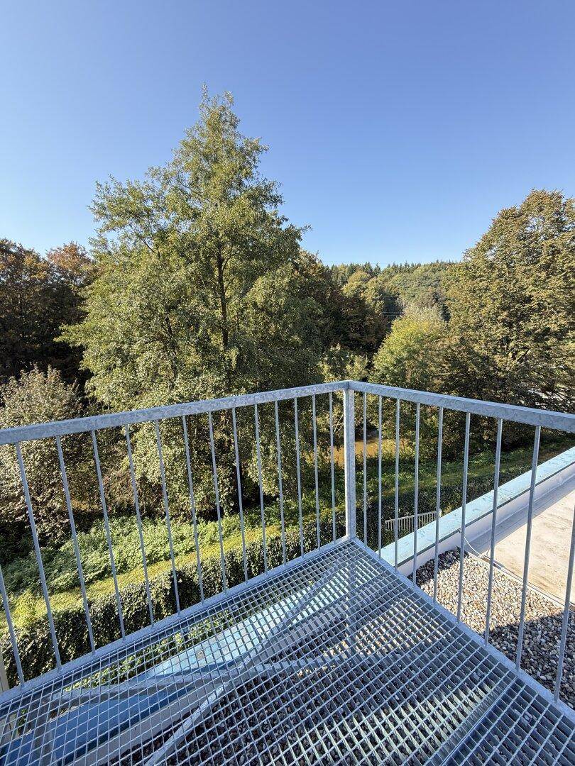 Außenbalkon mit Metallgeländer und weitem Blick auf die bewaldete Landschaft.
