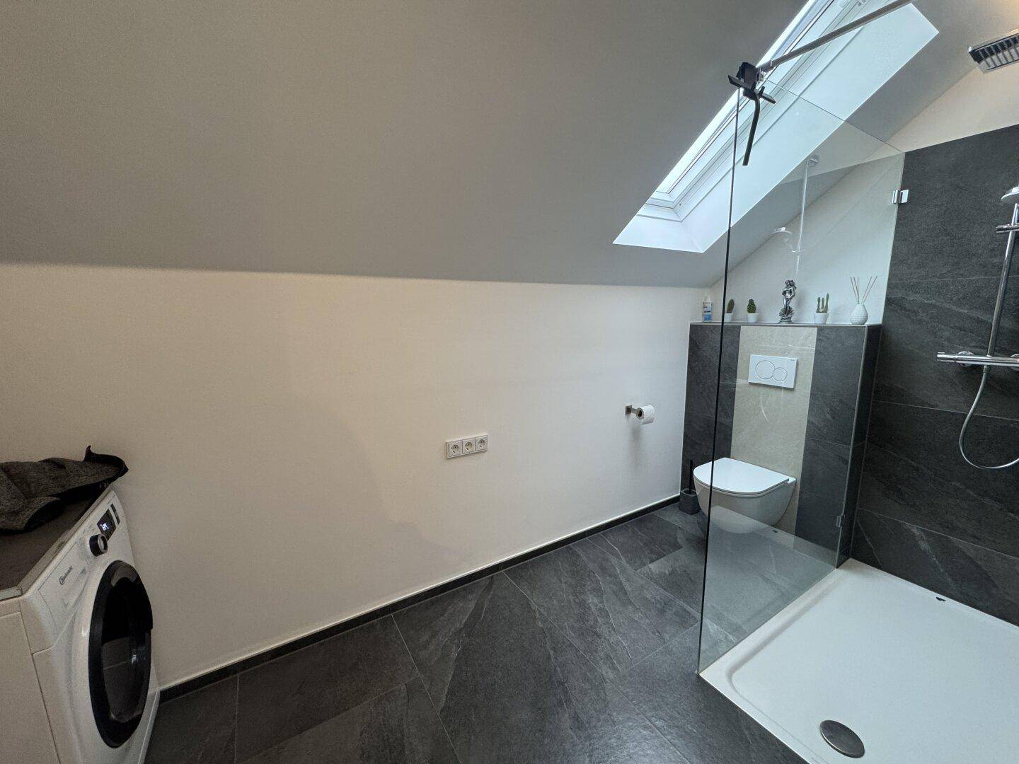 Modernes Badezimmer mit begehbarer Dusche, Waschmaschine und Dachfenster.