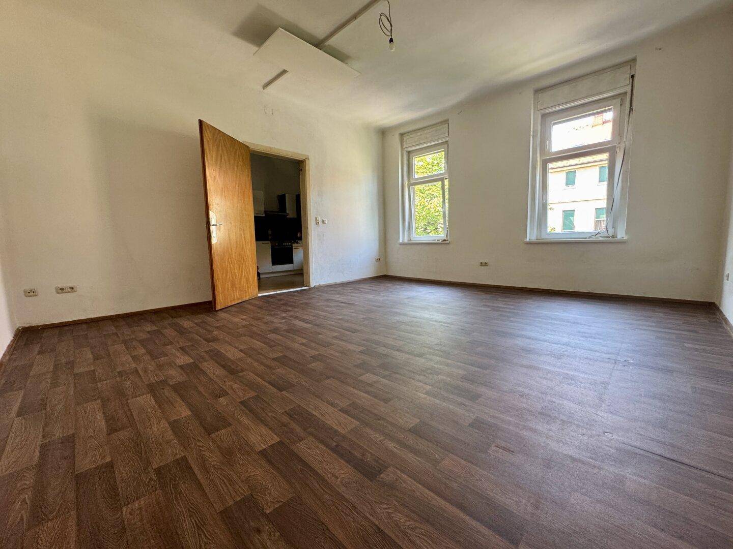 Geräumiger, leerer Raum mit dunklem Laminatboden, weißen Wänden und zwei Fenstern, die viel Licht hereinlassen.