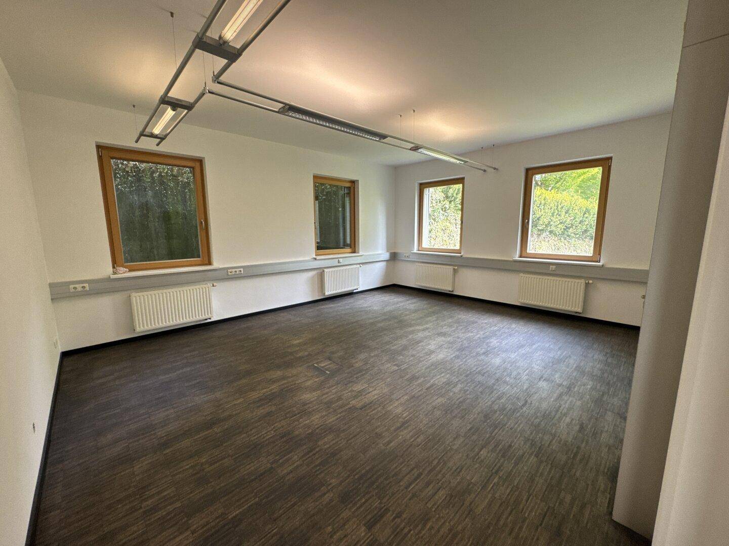 Helles und leeres Büro mit mehreren Fenstern und dunklem Laminatboden, bereit zur individuellen Gestaltung.