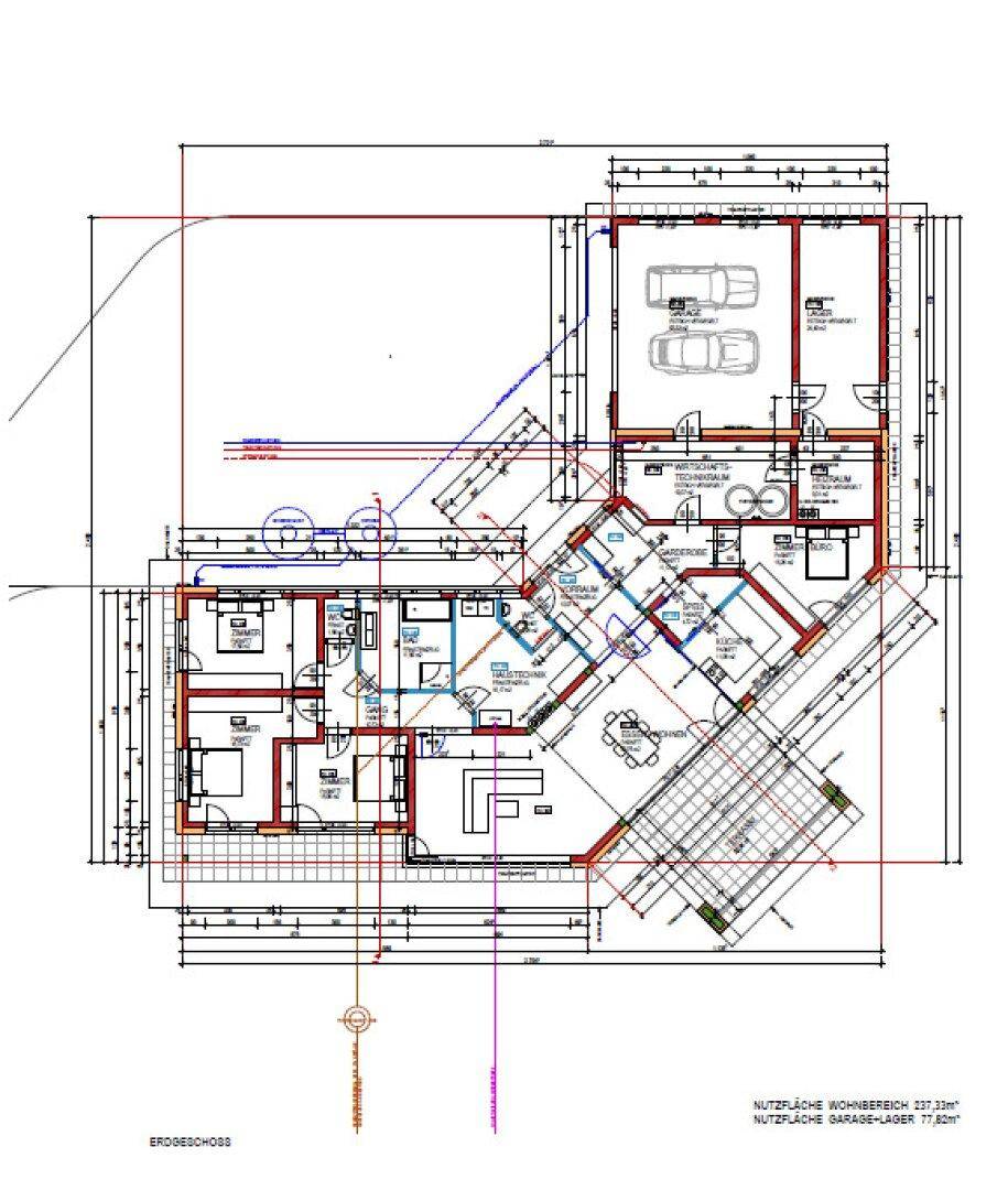 Grundriss des Erdgeschosses mit Wohnbereich, Schlafzimmern, Garage und Terrasse.