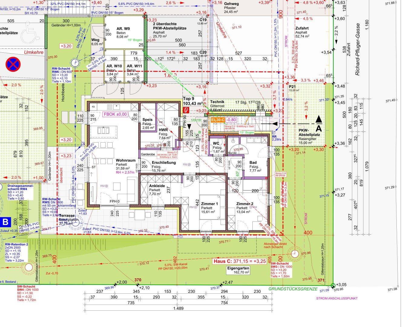 Detaillierter Grundriss einer Wohneinheit mit Wohnzimmer, Schlafzimmern, Bad, Küche und Terrasse.
