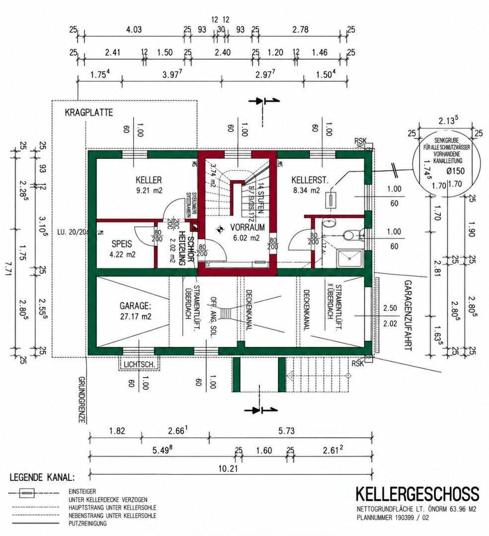 Grundriss des Kellergeschosses mit Garage, Kellerräumen, Vorratsraum und Heizungsraum.