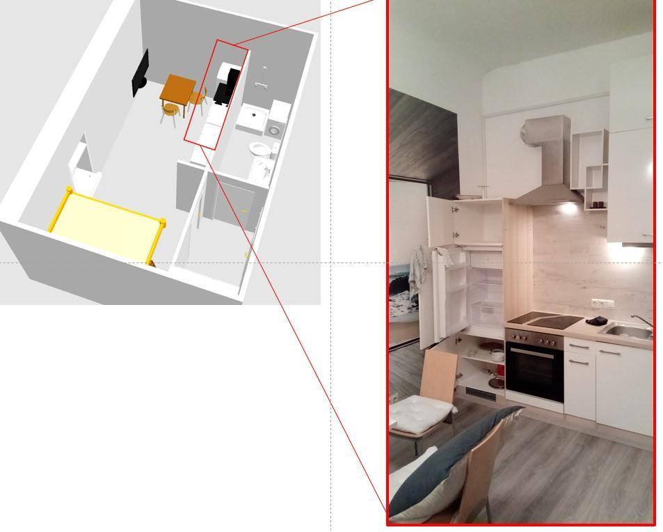 Moderne Küche mit weißen Schränken, integrierten Geräten und offenem Kühlschrank.