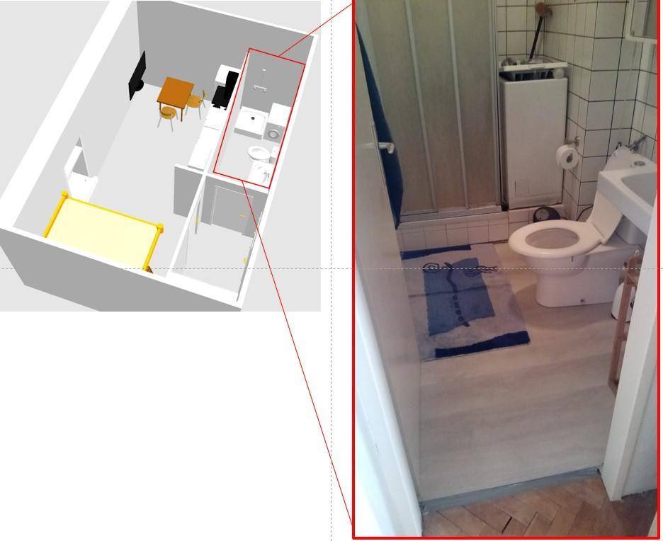 Badezimmer mit Dusche, WC und Waschbecken, kombiniert mit einer 3D-Grundrissansicht.
