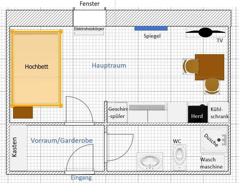 Grundriss einer Studio-Wohnung mit Hochbett, Hauptraum, Küche und separatem Badbereich.