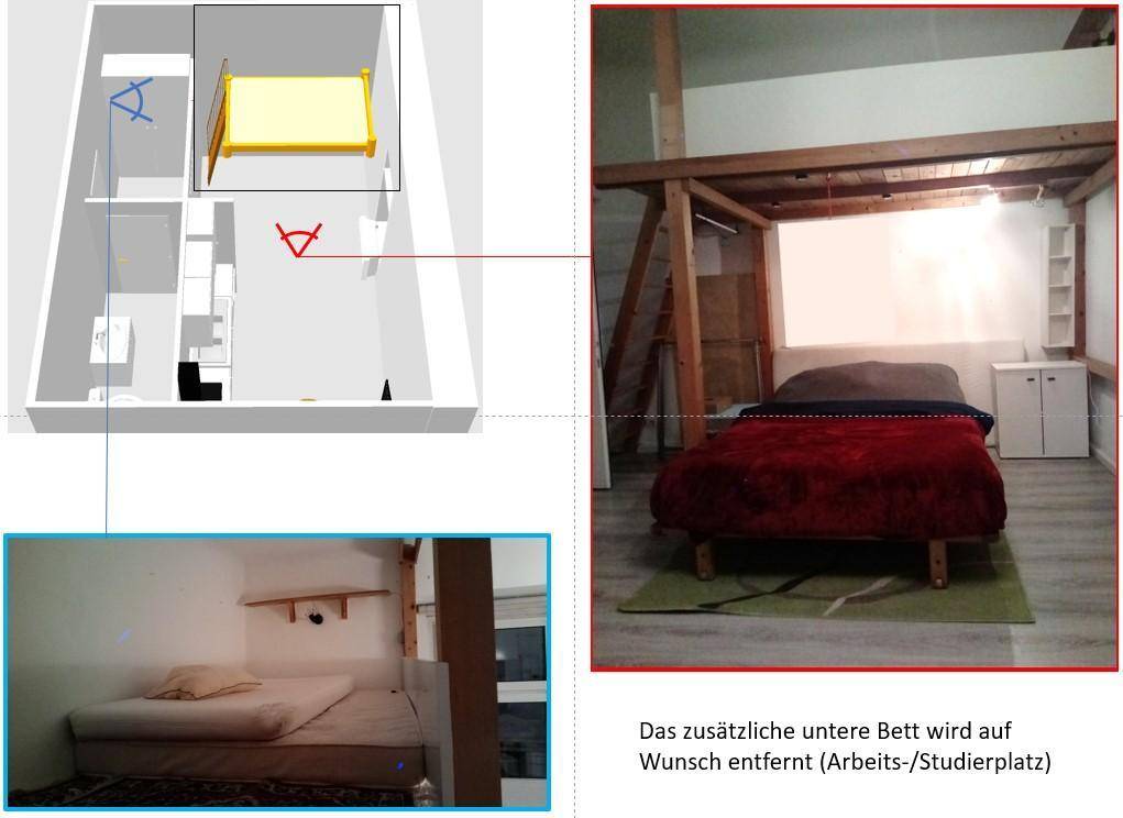 Schlafbereich mit Hochbett und einem zusätzlichen unteren Bett, das bei Bedarf entfernt werden kann.