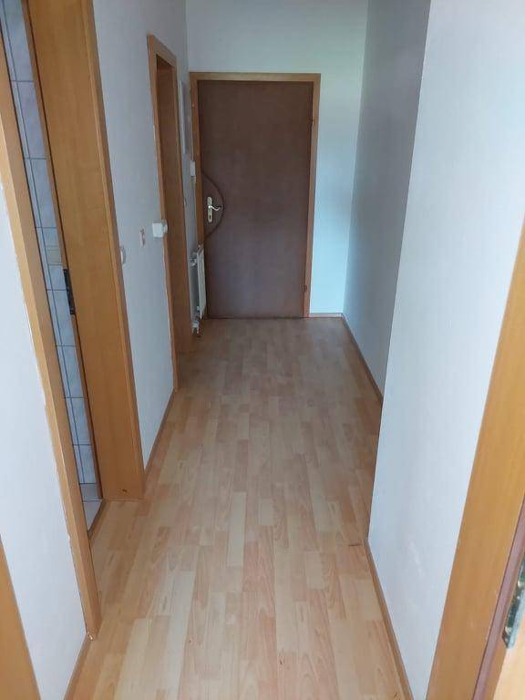 Schmaler Flur mit Laminatboden und mehreren Türen zu angrenzenden Räumen.