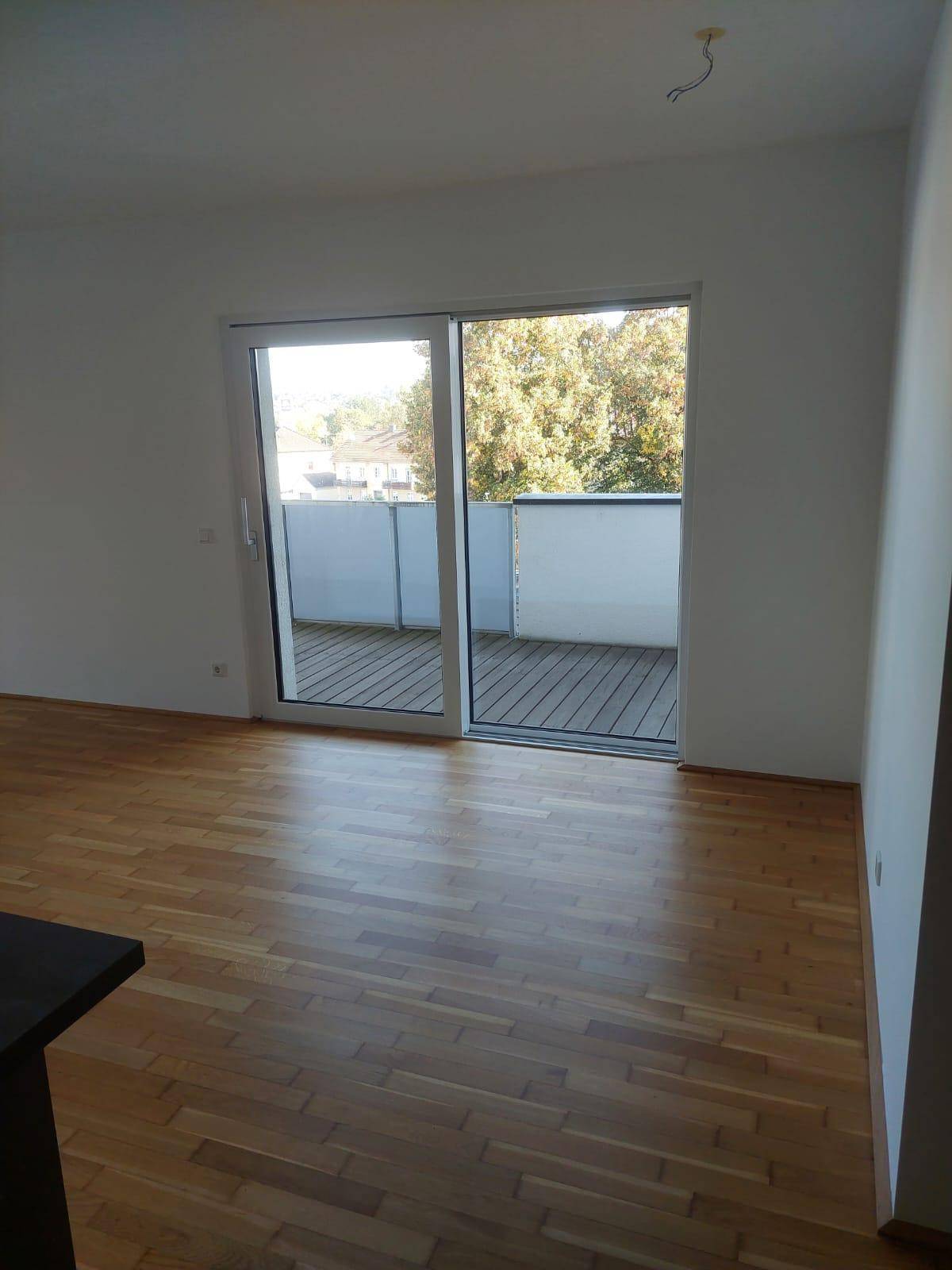Heller Wohnbereich mit Parkettboden und großem Schiebefenster, das Zugang zu einem Balkon bietet.