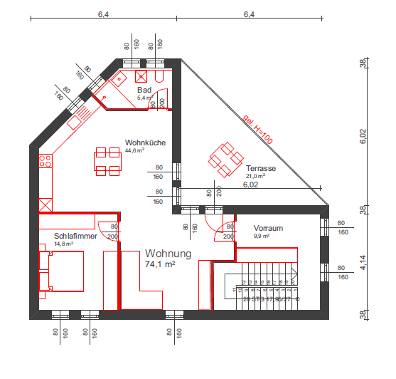 Grundriss einer Wohnung mit offener Wohnküche, Schlafzimmer, Bad und einer großen Terrasse.