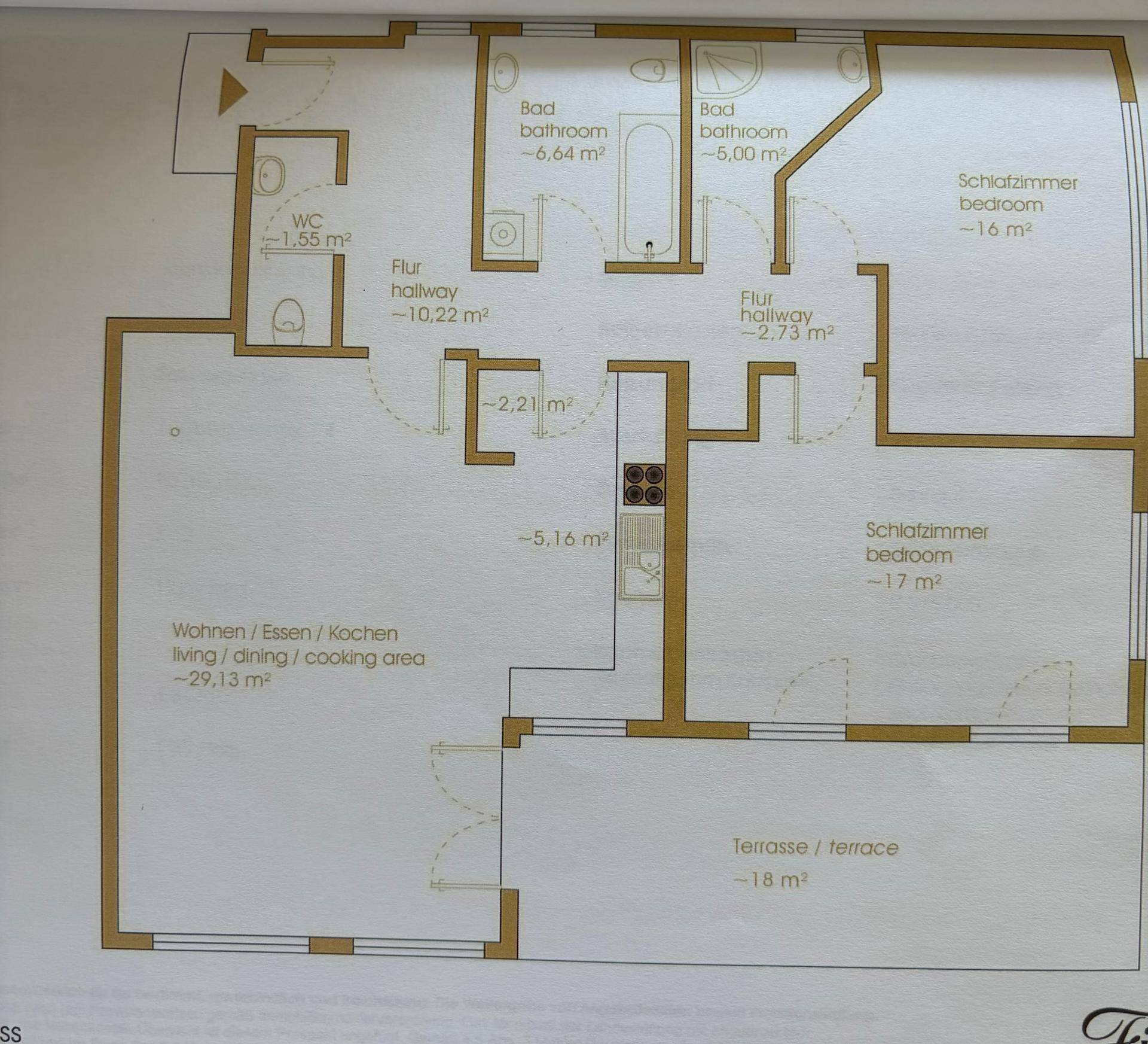 Grundriss mit offenem Wohn-, Ess- und Kochbereich, zwei Schlafzimmern und Terrasse.