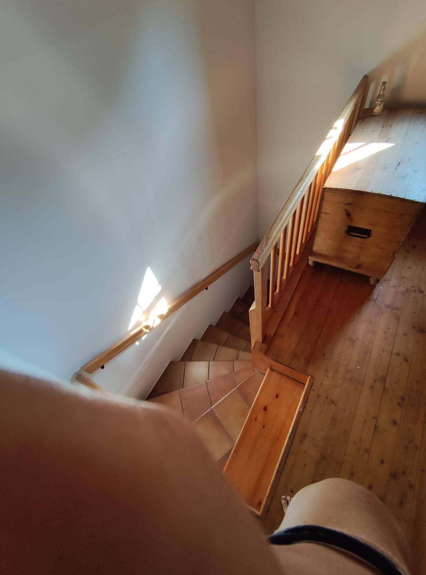 Holztreppe mit gefliesten Stufen führt in die unteren Etagen, beleuchtet von natürlichem Licht.