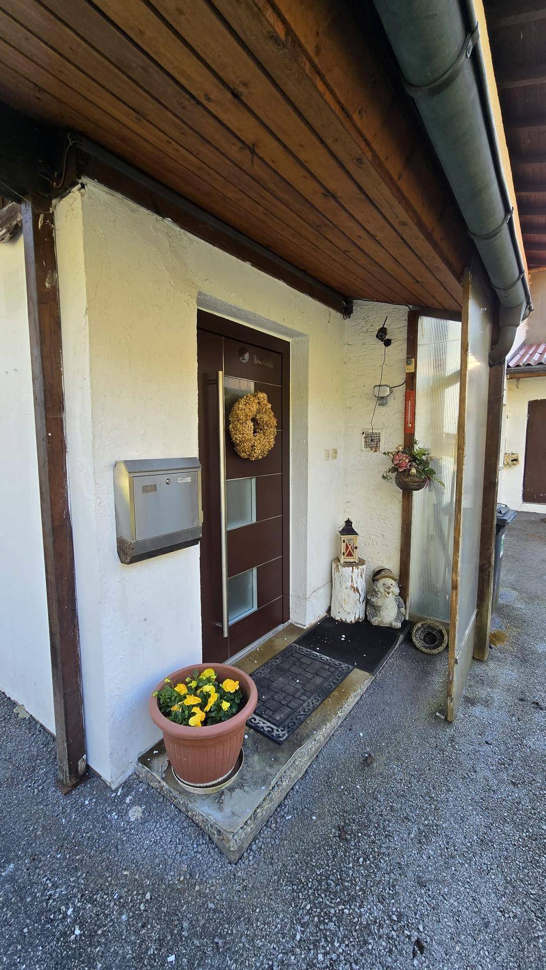 Eingangsbereich des Hauses mit Haustür, Briefkasten und einer Topfpflanze als Dekoration.
