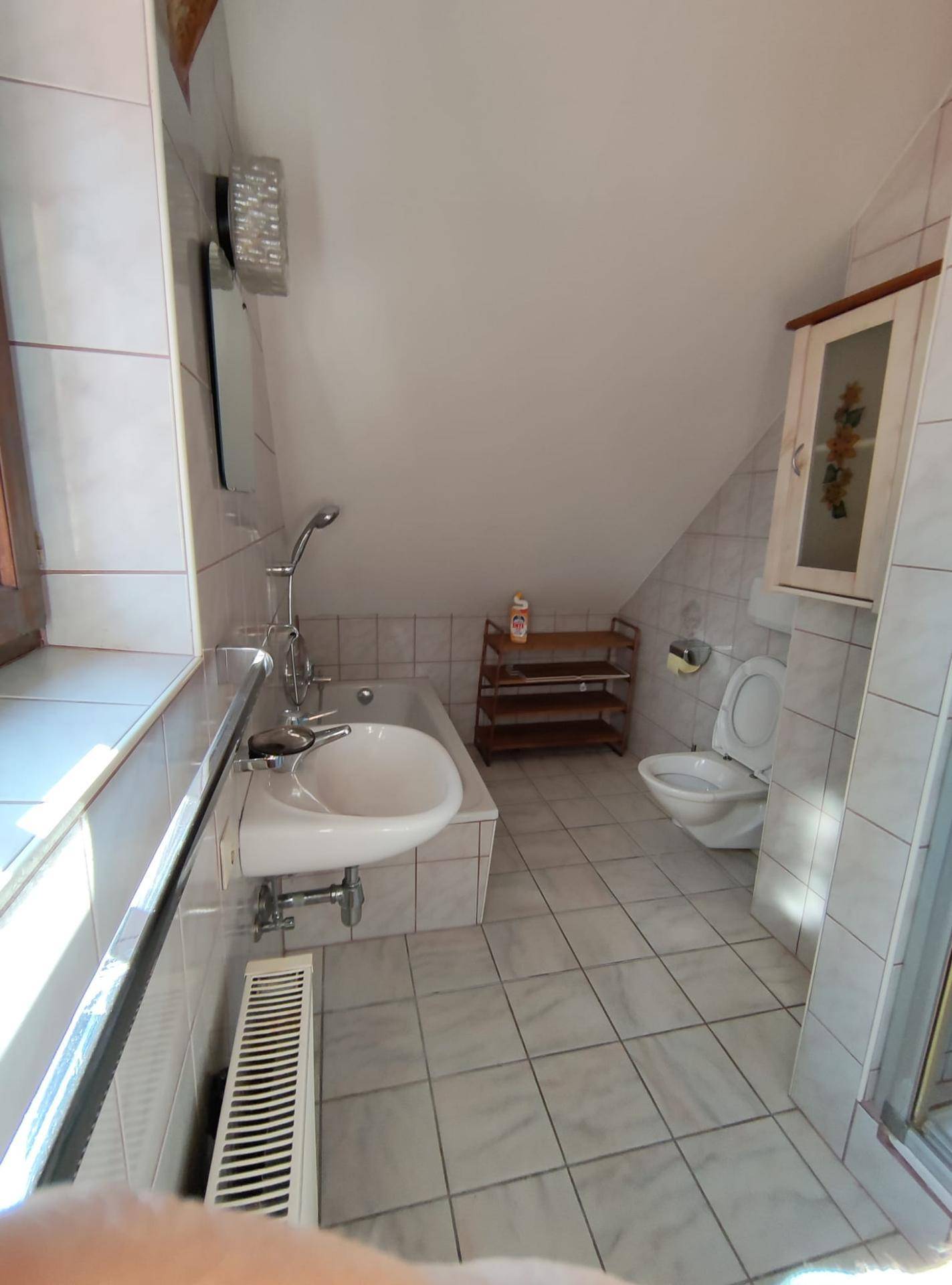 Gefliestes Badezimmer mit Badewanne, Dusche, WC und Fenster unter der Dachschräge.
