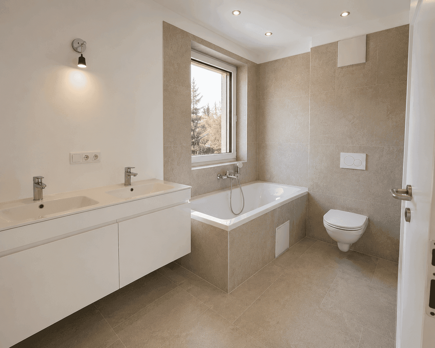 Geräumiges Badezimmer mit Badewanne, Doppelwaschbecken und Fenster für Tageslicht.