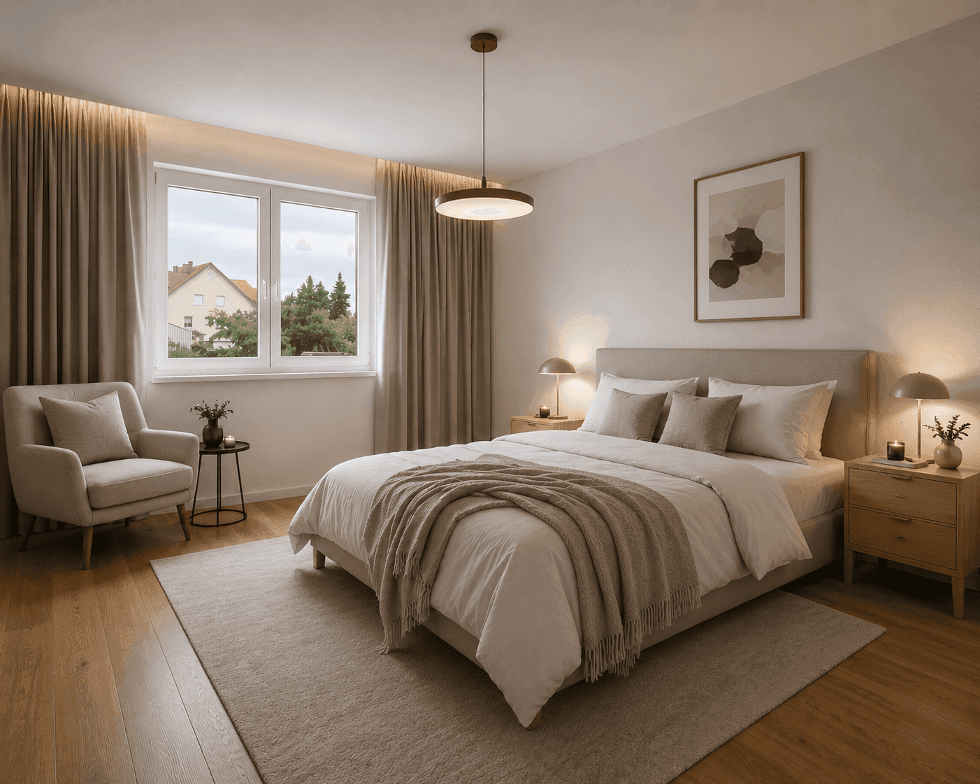 Modern eingerichtetes Schlafzimmer mit großem Bett, Nachttischen und Blick ins Grüne.