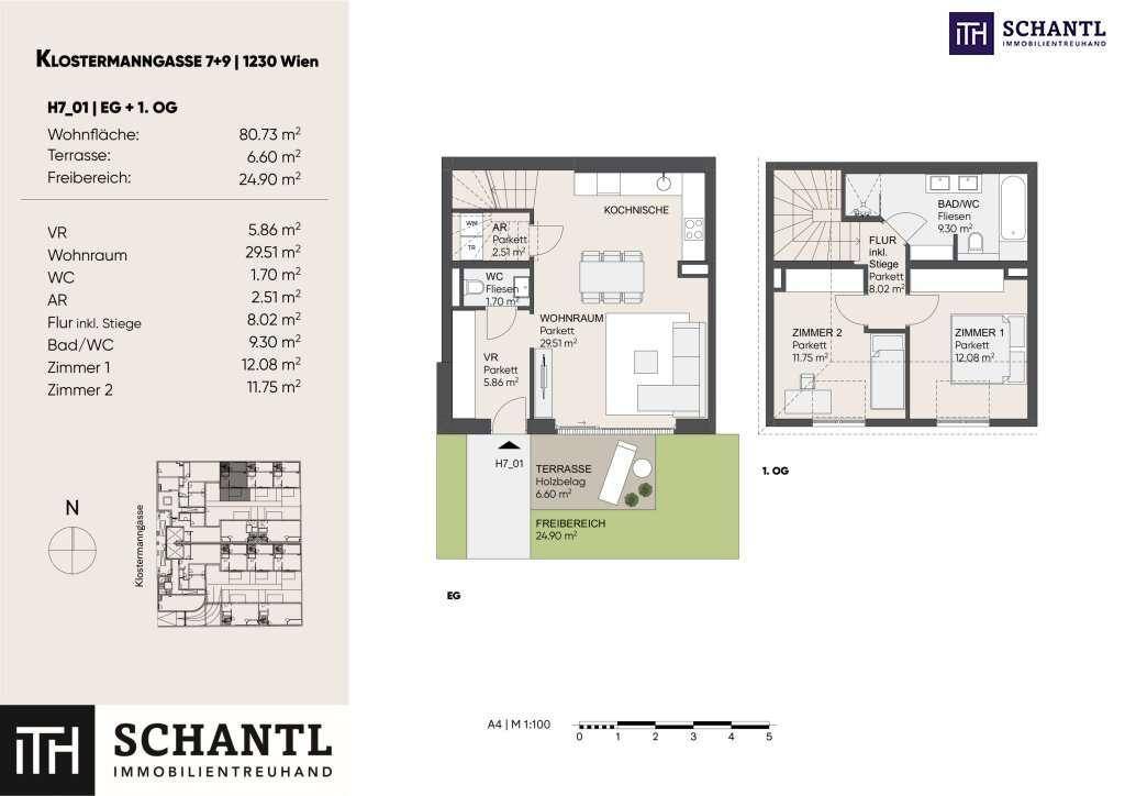 Grundriss einer Maisonette-Wohnung über zwei Etagen mit Terrasse und Garten.
