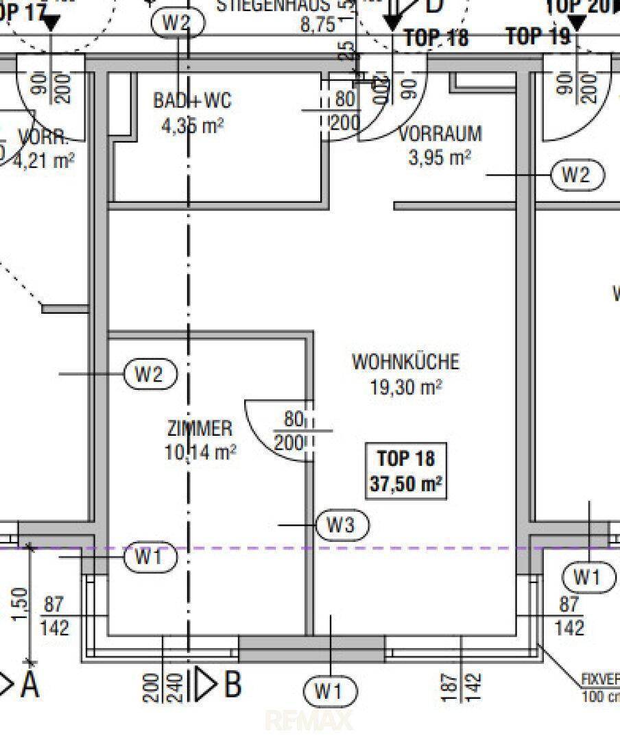 Grundriss einer Wohnung mit Wohnküche, Zimmer, Bad und Vorraum.