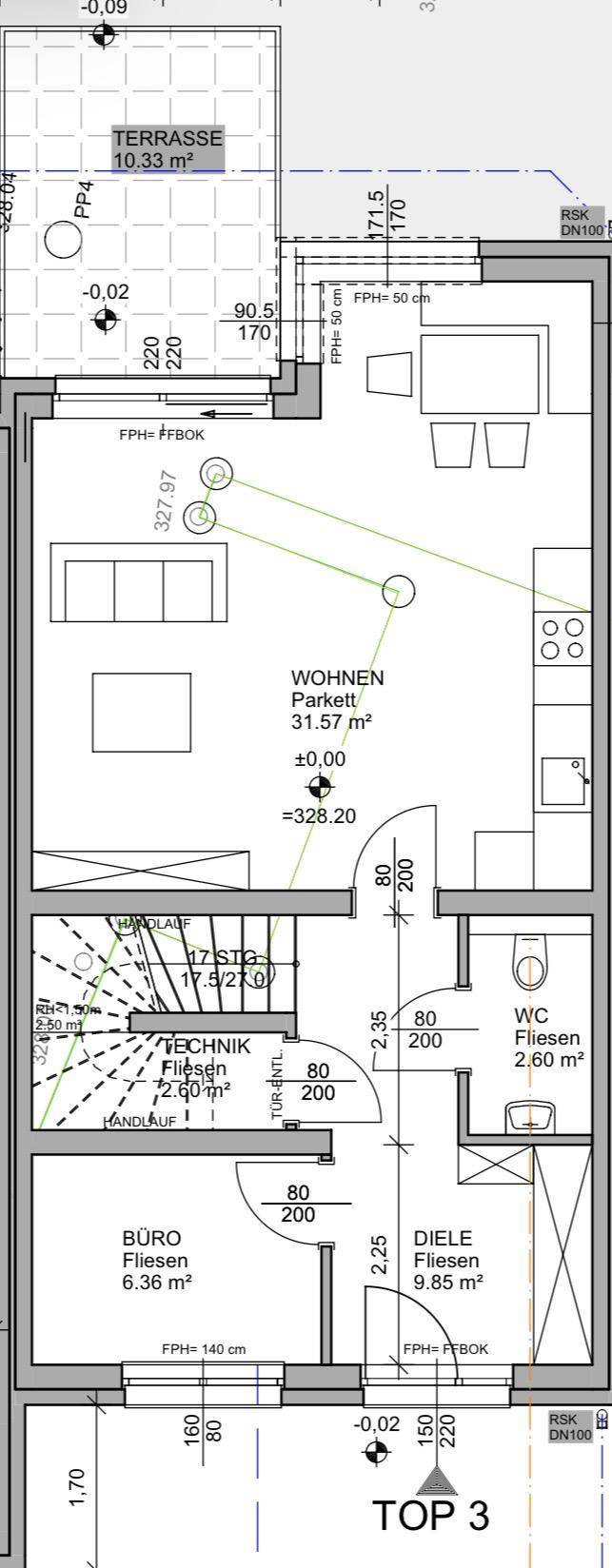Detaillierter Grundriss einer Etage mit Wohnbereich, Küche, Büro, WC und einer großzügigen Terrasse.
